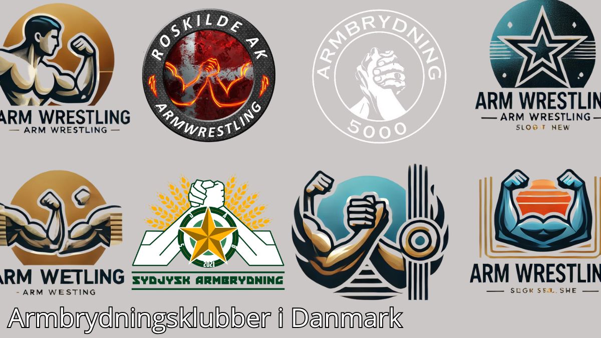 Billedet viser en samling af logoer fra forskellige armbrydningsklubber i Danmark. Hvert logo har sit eget unikke design med symboler som hænder i brydeposition, muskuløse arme, stjerner og andre grafiske elementer, der afspejler styrke og samarbejde. Klubber som "Roskilde AK" og "Sydjysk Armbrydning" fremgår tydeligt med deres navne og særprægede grafiske stil.