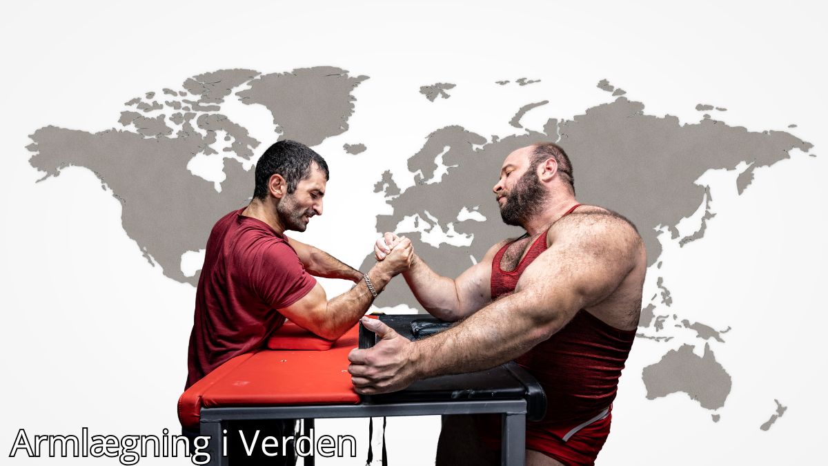 Billedet viser to mænd engageret i en intens armlægningskonkurrence ved et professionelt bord. I baggrunden ses et verdenskort, der symboliserer sportens globale udbredelse og internationale tilslutning. Billedetekst: "Armlægning i Verden''