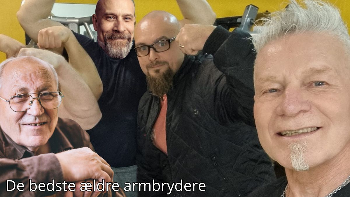 Et øjebliksbillede fra den årlige armbryder-turnering for seniorer. Her ses fire erfarne atleter, der med et glimt i øjet viser, at alderen bare er et tal. Konkurrencen var hård, men humøret højt, og det var tydeligt at se, at disse herrer elsker deres sport. Nederst på billedet står teksten: "De bedste ældre armbrydere".