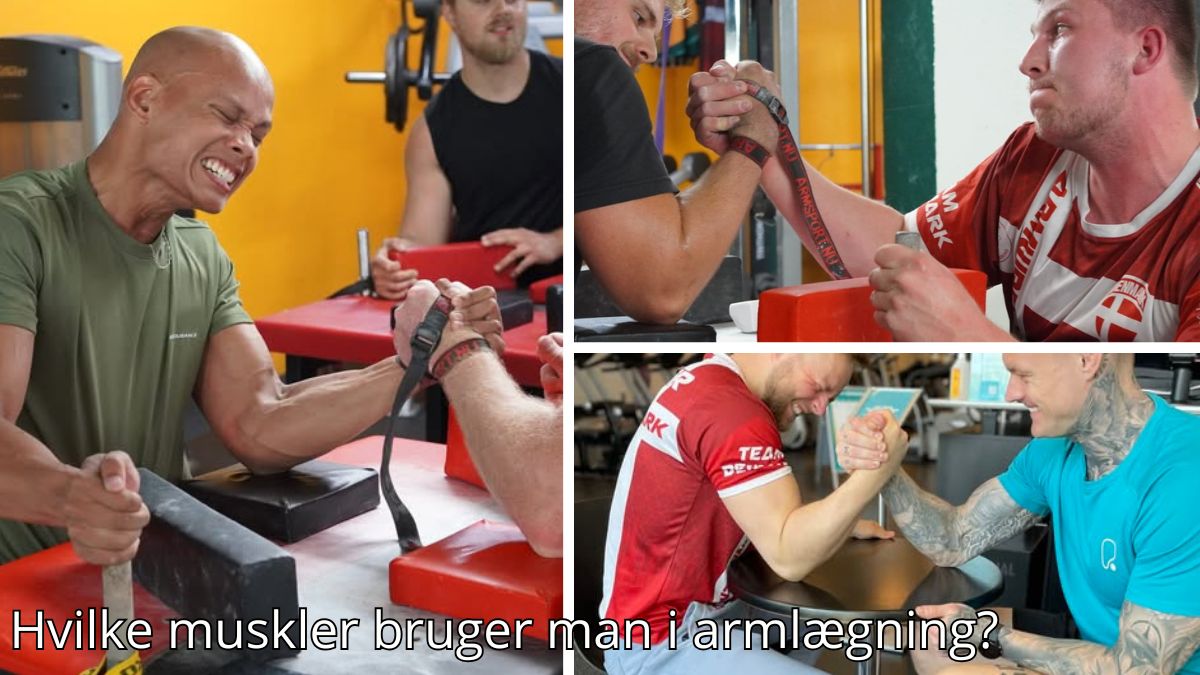 Billedet er en collage, der viser forskellige armlægningsscener. Deltagerne spænder musklerne og kæmper intenst i forskellige situationer, både med og uden remme. Det fremhæver den kraft og teknik, der kræves, samt fokus på muskler i arme, skuldre og ryg. Billedetekst: "Hvilke muskler bruger man i armlægning?''