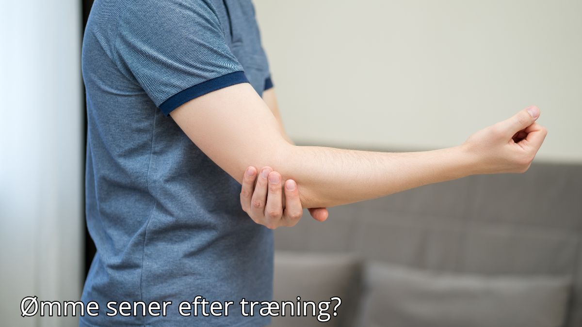 Billedet viser en person, der holder sin albue med den modsatte hånd, som om han oplever ubehag eller smerte. Dette indikerer, at han muligvis har ømme sener efter træning. Billedetekst: "Ømme sener efter træning?''