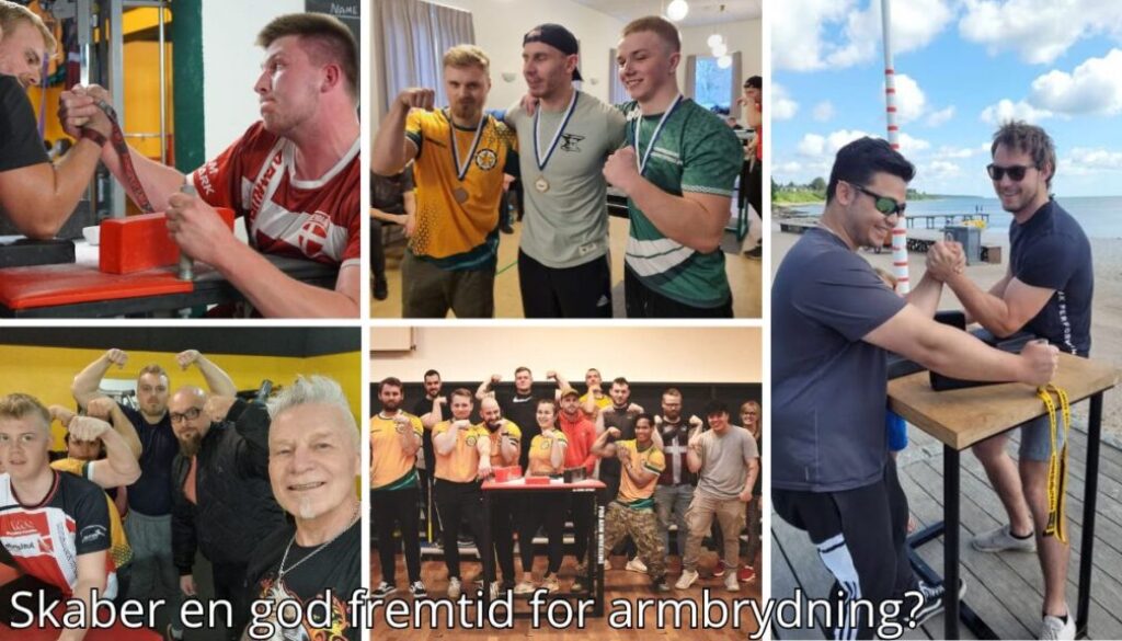 Billedet er en collage, der viser forskellige aspekter af armbrydning som sport og fællesskab. Det indeholder intense kampe ved armbrydningsborde, medaljevindere, der stolt poserer med deres præmier, og grupper af udøvere, der fejrer sammenholdet. Der er også uformelle udendørs kampe og træningsaktiviteter, der fremhæver sportens alsidighed og sociale elementer. Billedetekst: "Skaber en god fremtid for armbrydning?''