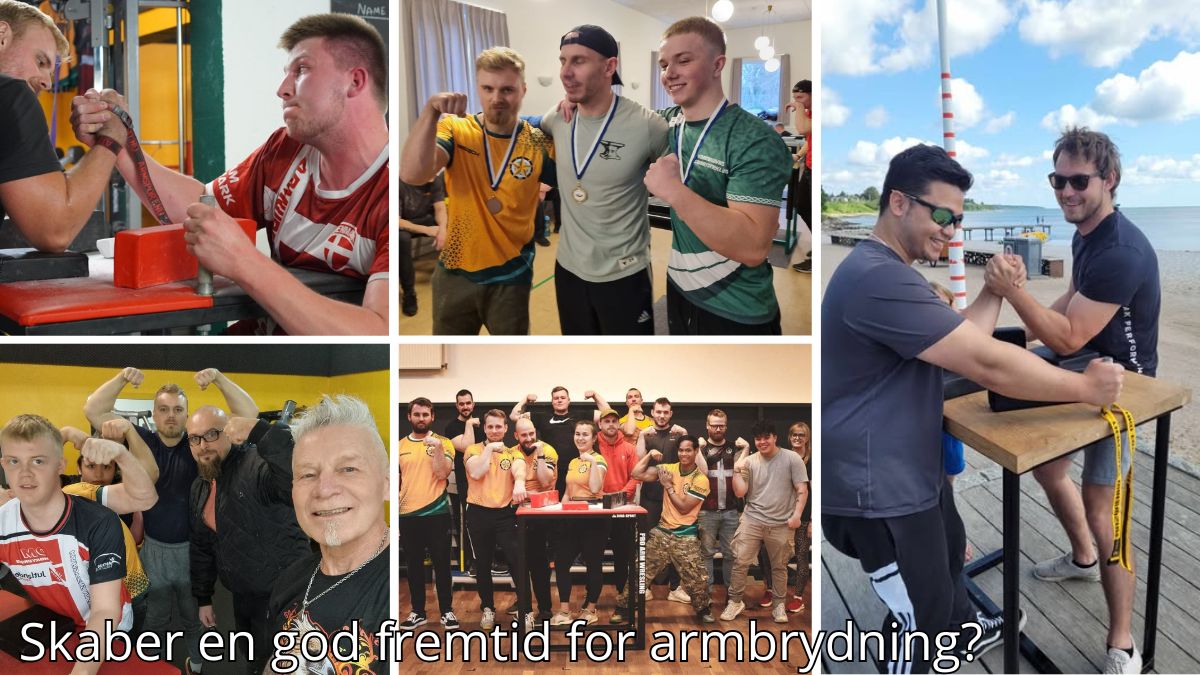 Billedet er en collage, der viser forskellige aspekter af armbrydning som sport og fællesskab. Det indeholder intense kampe ved armbrydningsborde, medaljevindere, der stolt poserer med deres præmier, og grupper af udøvere, der fejrer sammenholdet. Der er også uformelle udendørs kampe og træningsaktiviteter, der fremhæver sportens alsidighed og sociale elementer. Billedetekst: "Skaber en god fremtid for armbrydning?''