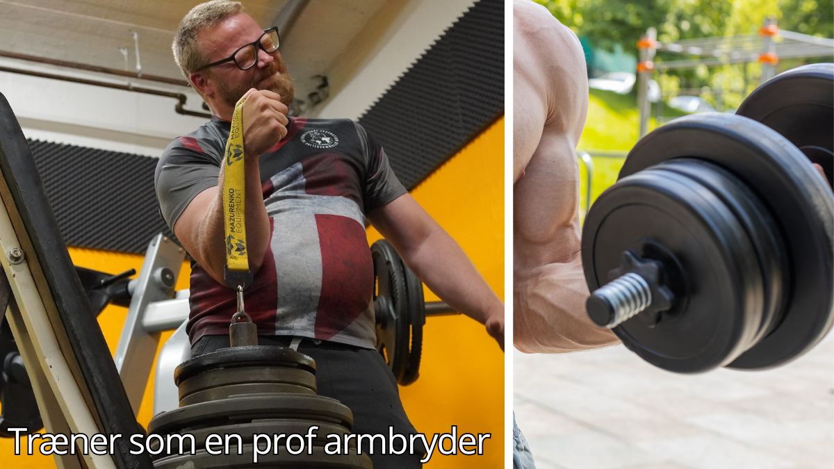 Billedet viser to aspekter af armbrydertræning. Til venstre træner en mand grebsstyrke med en vægt og rem, en vigtig øvelse for armbrydning. Til højre vises en hånd, der løfter en håndvægt, hvilket fremhæver muskler og styrketræningens rolle i sporten. Billedetekst: "Træn som en professionel armbryder''
